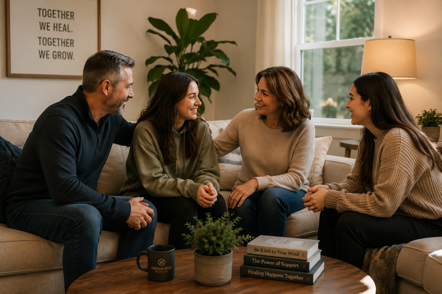A family of five sitting on a beige couch in a living room, smiling and talking. There's a large window behind them, a lamp, plants, and framed wall art that reads "Together We Heal. Together We Grow." A coffee table in front has a small potted plant, books, and a black mug.