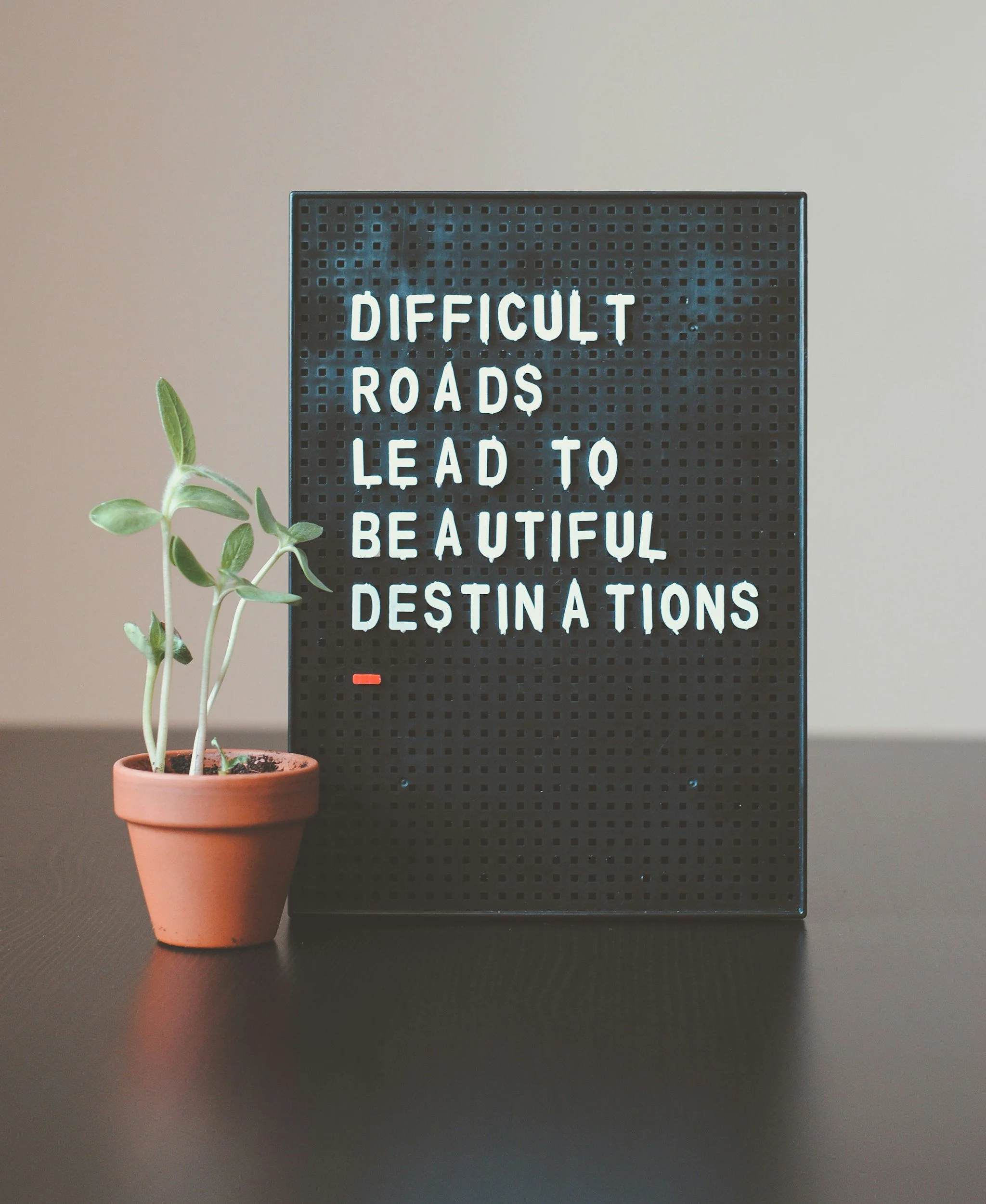 A black letter board with white letters that read, 'Difficult roads lead to beautiful destinations,' placed on a dark surface. To the left, there is a small potted plant with green leaves in a brown terracotta pot, and the background is a plain, light-colored wall.