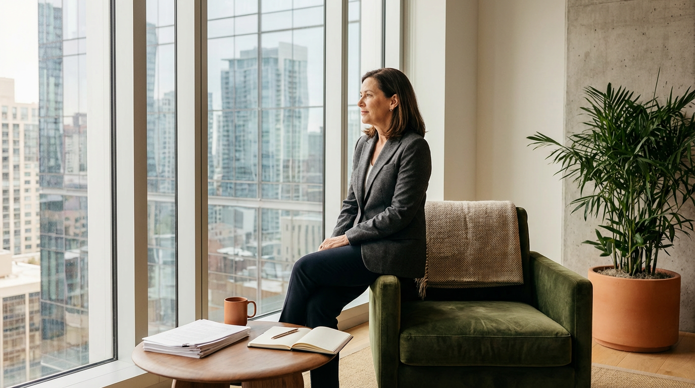 A woman sits on a green velvet armchair by a large window in a modern office, looking outside with a cityscape view. There is a round wooden table with a pile of papers, an open notebook, a pen, and a coffee mug. A large potted plant is beside her.