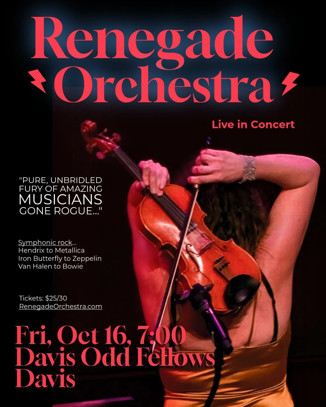 Renegade Orchestra
at Davis Odd Fellows 
Friday, Oct 16 at 7 pm

"The beauty of a symphony, with the soul or a rock band."

Tickets: RenegadeOrchestra.com