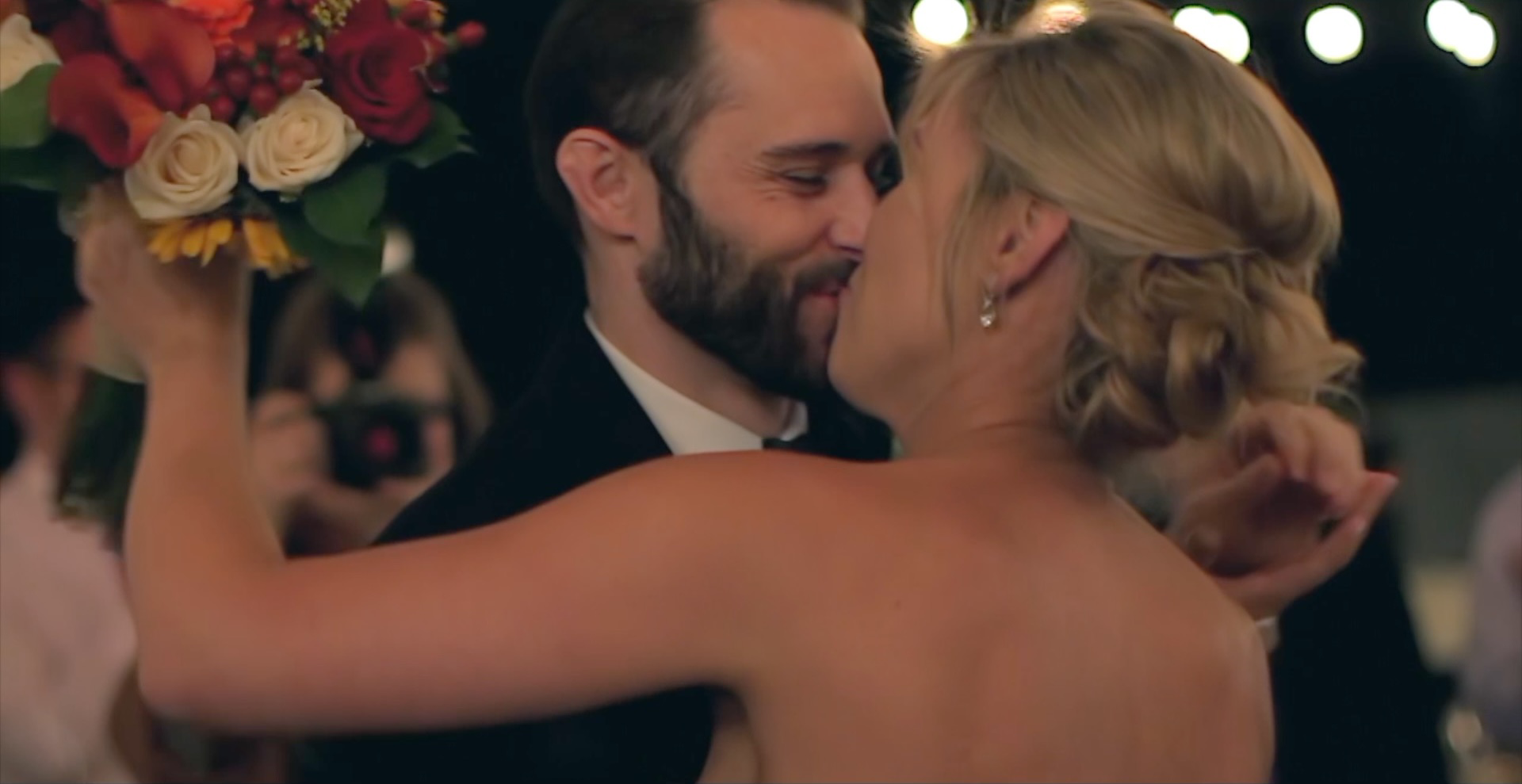Brittany and Chason embrace and kiss at their wedding on the dance floor of Valencia Country Club, Santa Clarita CA