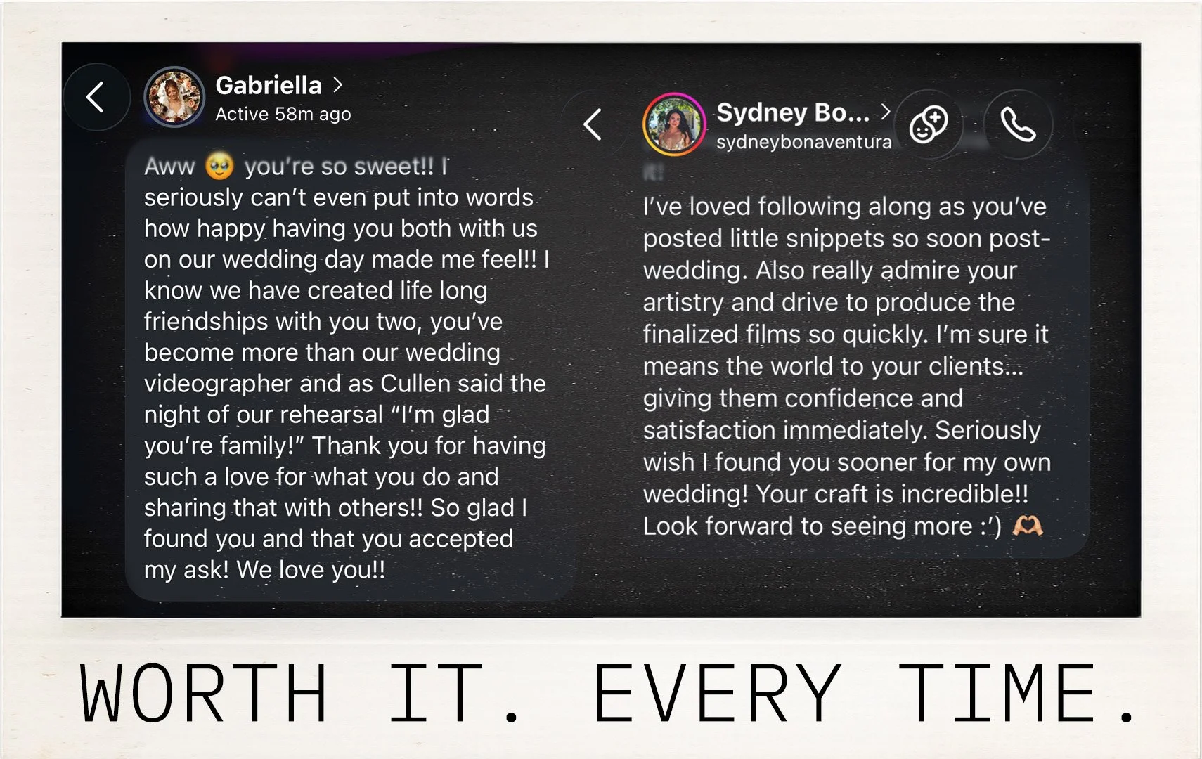 Messages from a bride and wedding photographer sharing their experiences with Los Angeles wedding videographer Colin Grant Films.