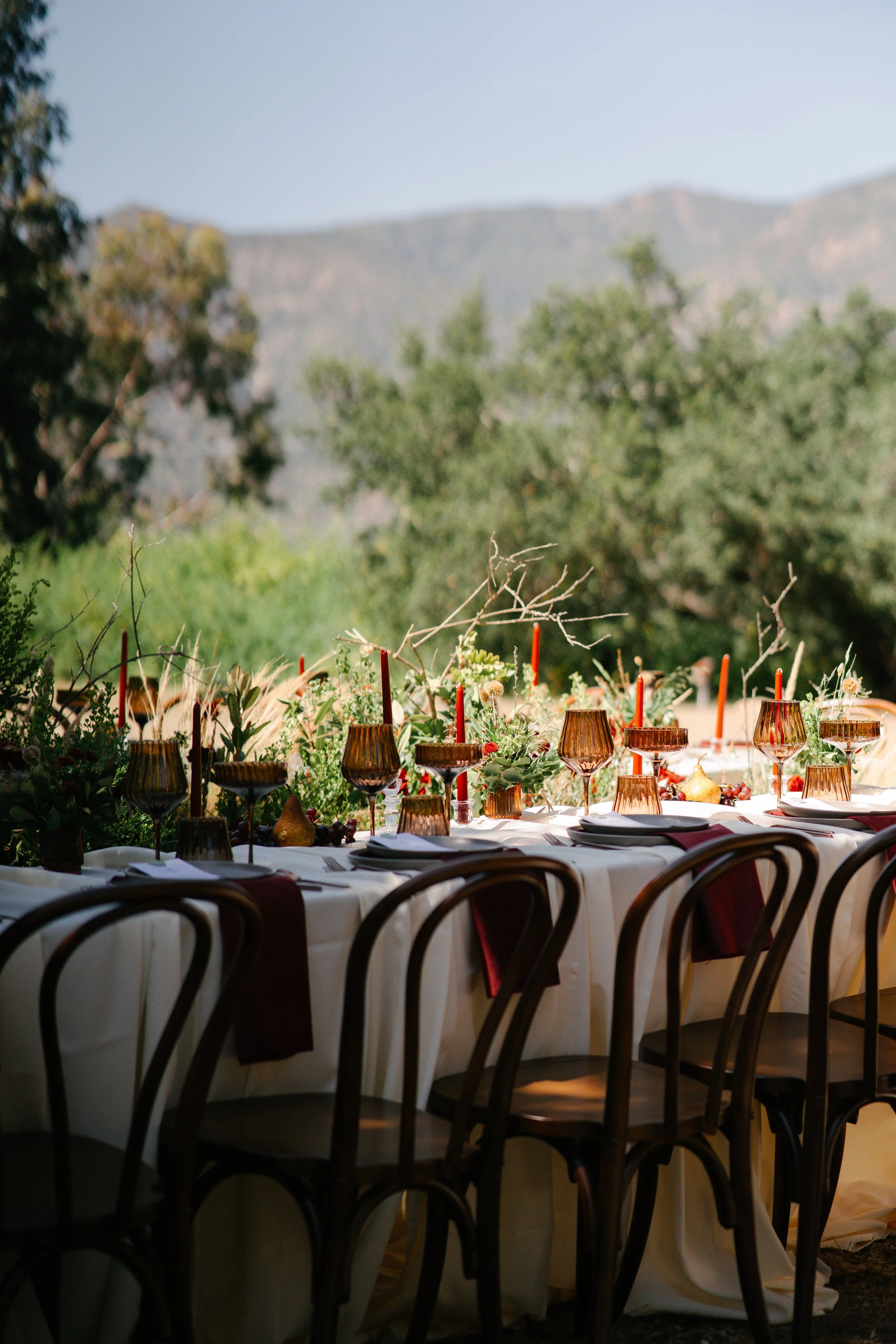 Long banquet table set outdoors with glassware, candles, and floral centerpieces, surrounded by chairs, greenery, trees, and mountains in the background under clear sky. Reception setup. luxury. high end.
