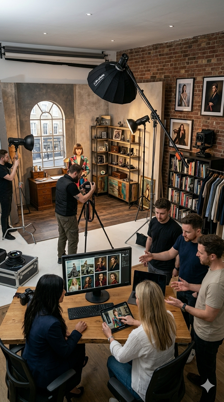 Photo of a fashion photoshoot studio with a model posing, photographers, and crew working, surrounded by studio lighting, photography equipment, and a computer monitor displaying photo previews.