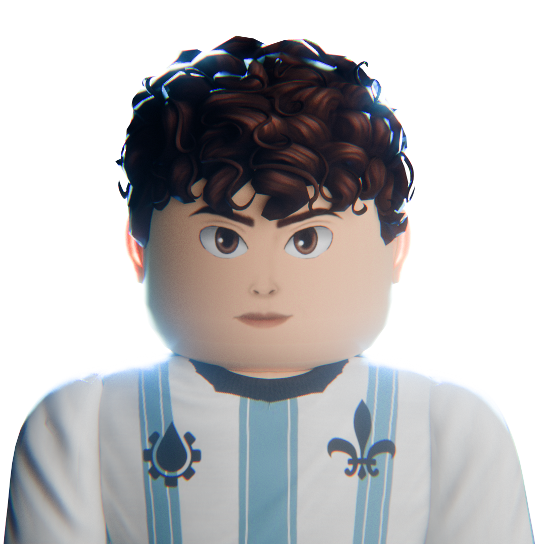 A cartoon character with brown curly hair, wearing a light-colored shirt with blue vertical stripes and decorative symbols.