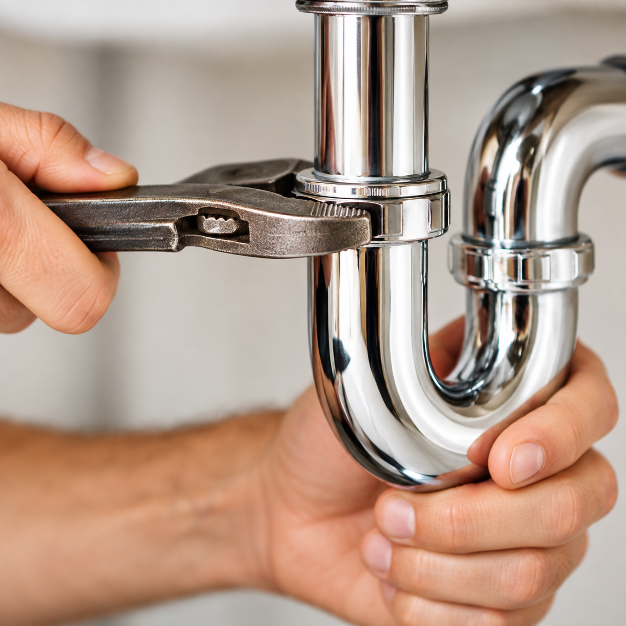 Plumbing repair of a chrome sink P-trap with an adjustable wrench under a bathroom sink.