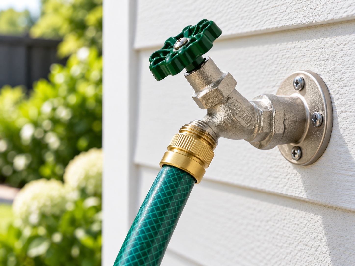 Outdoor satin-nickel wall hydrant with green handle connected to a green garden hose on a white exterior wall.