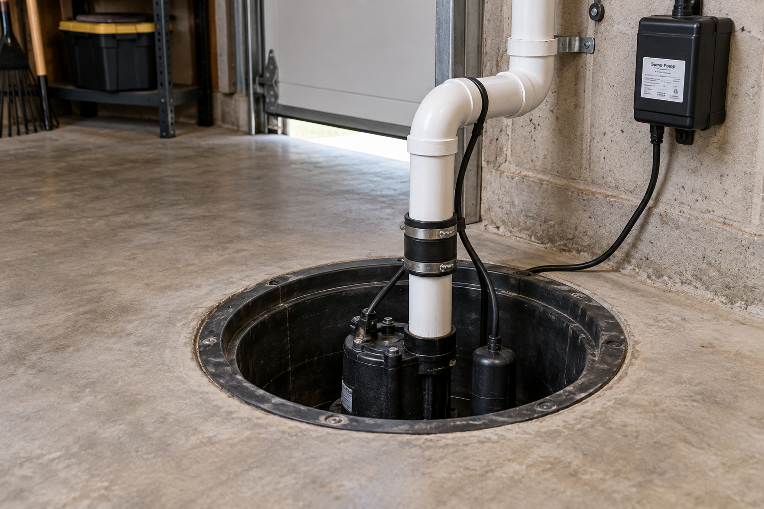 Sump pump installed in a concrete garage floor with PVC discharge piping and electrical controls.