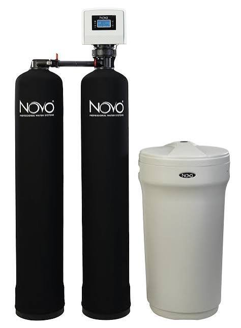 Novo whole-house water filtration and softening system with dual black tanks and brine tank.