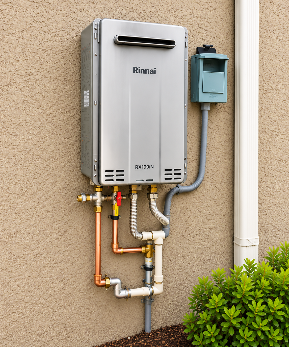Rinnai outdoor tankless water heater installation on a beige stucco exterior wall with visible plumbing connections.