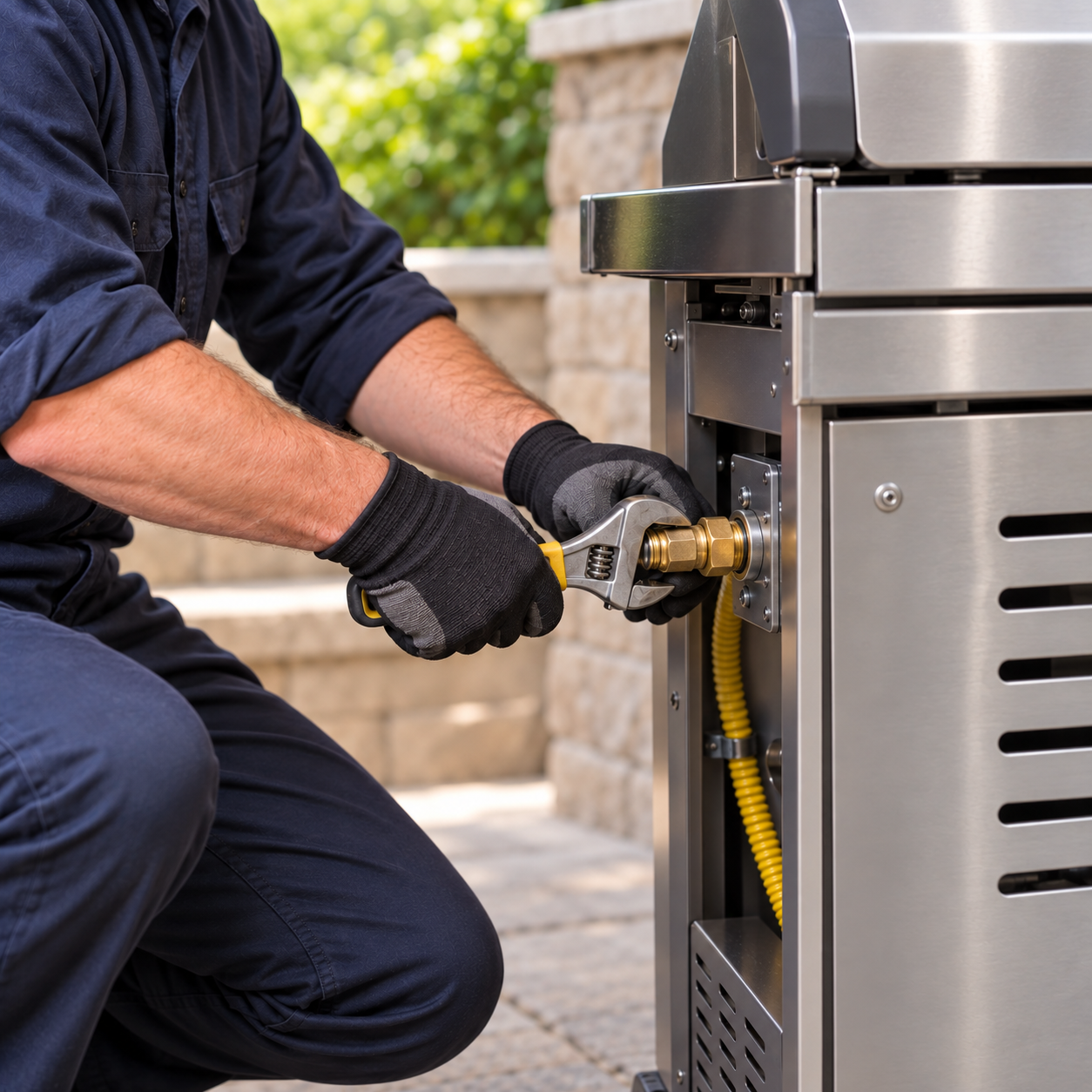 Plumber connecting a flexible gas line to an outdoor BBQ grill in Northeast Florida.