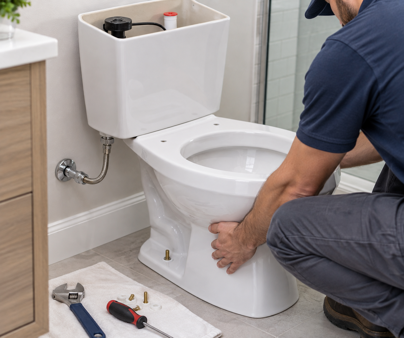 Toilet repair and installation with a plumber positioning a white toilet and servicing the open tank components in a modern bathroom.