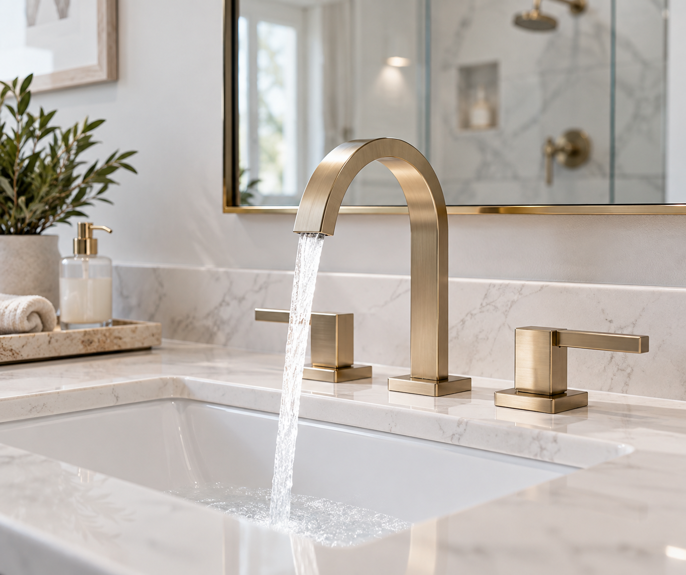 Modern bathroom faucet installation with running water in a contemporary bathroom.