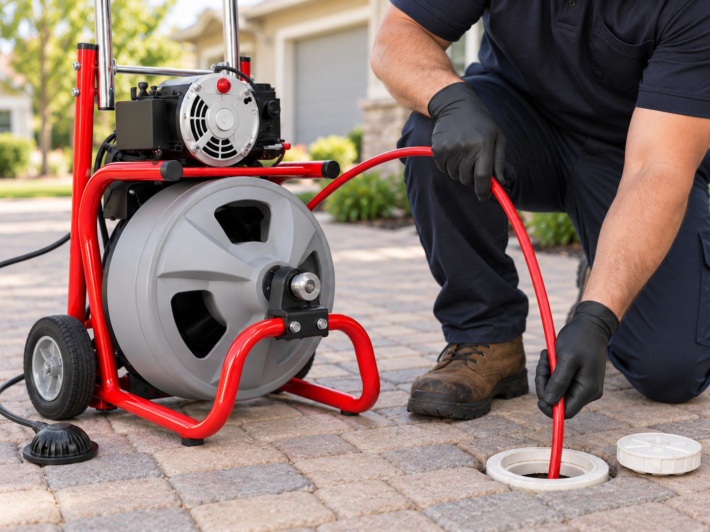 Professional sewer and drain cleaning machine clearing a residential cleanout on a paver driveway in Ponte Vedra Beach, FL