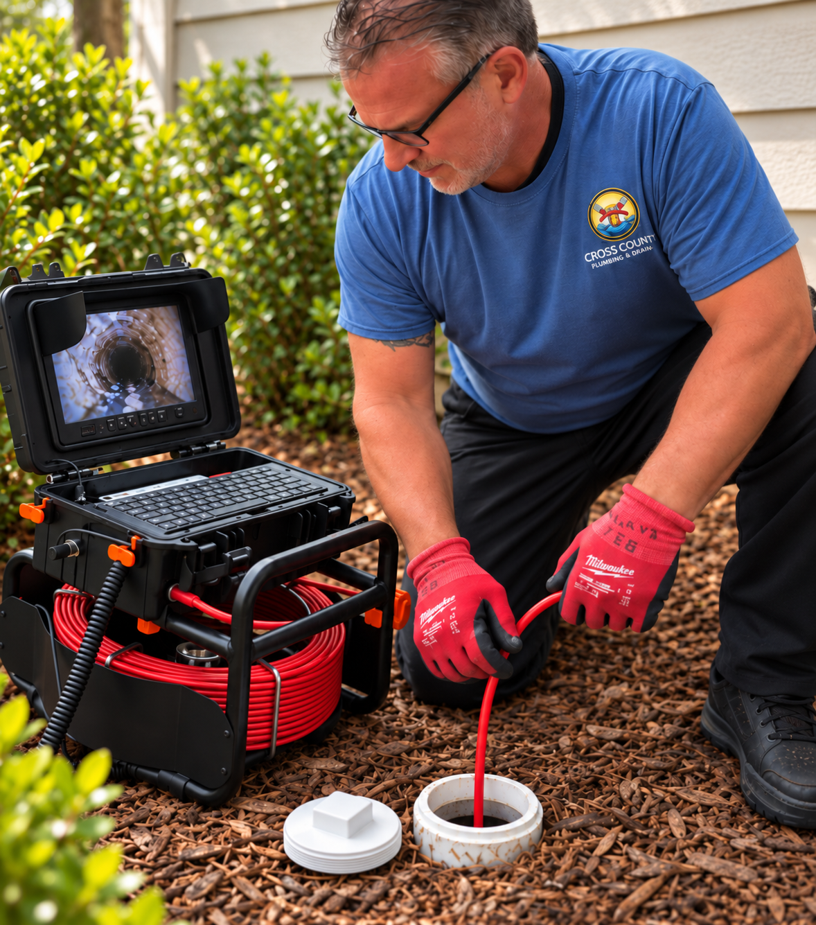 Sewer video inspection with a plumber feeding a camera cable through an outdoor PVC cleanout in Northeast Florida.