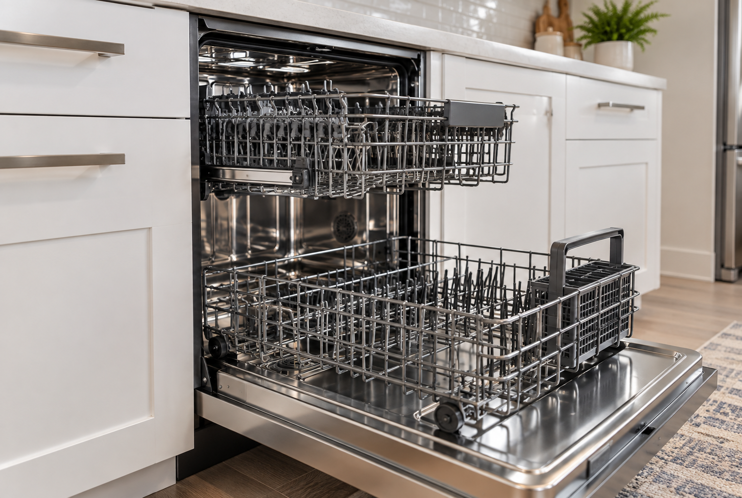Appliance installation of a built-in stainless steel dishwasher in a modern kitchen.