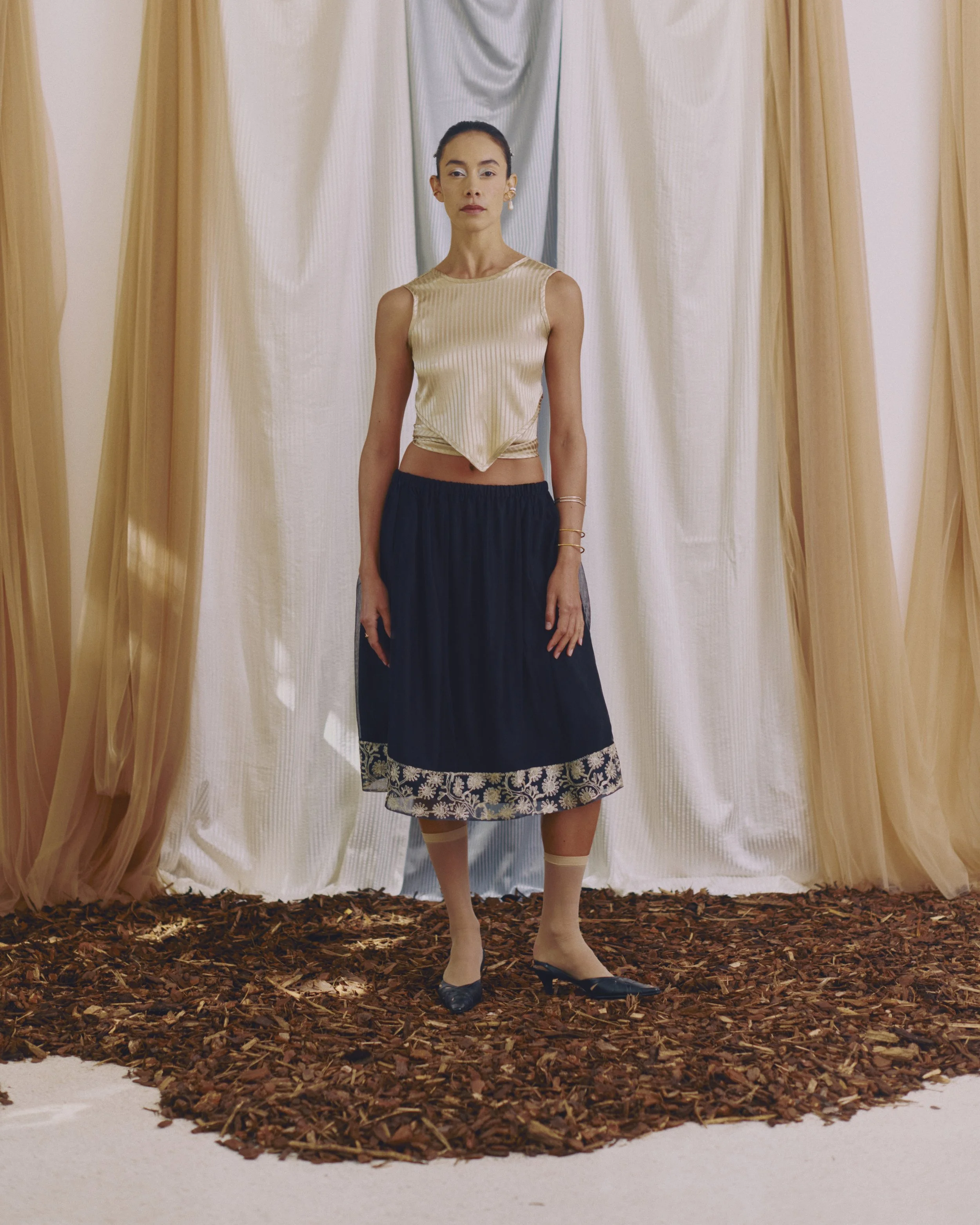 Black Silk and Organza Skirt with Aghabani Embroidered Organza Hem