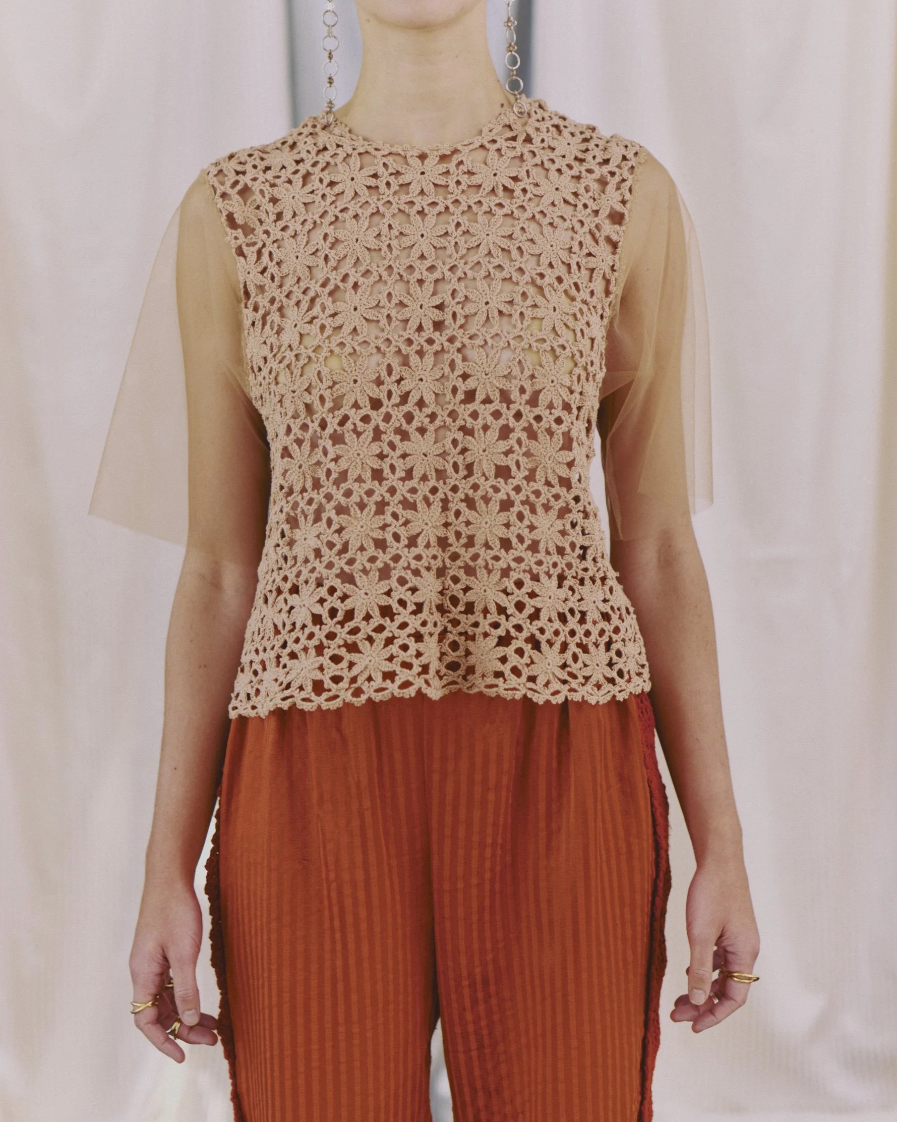 Handcrochet Top with Tulle Sleeves