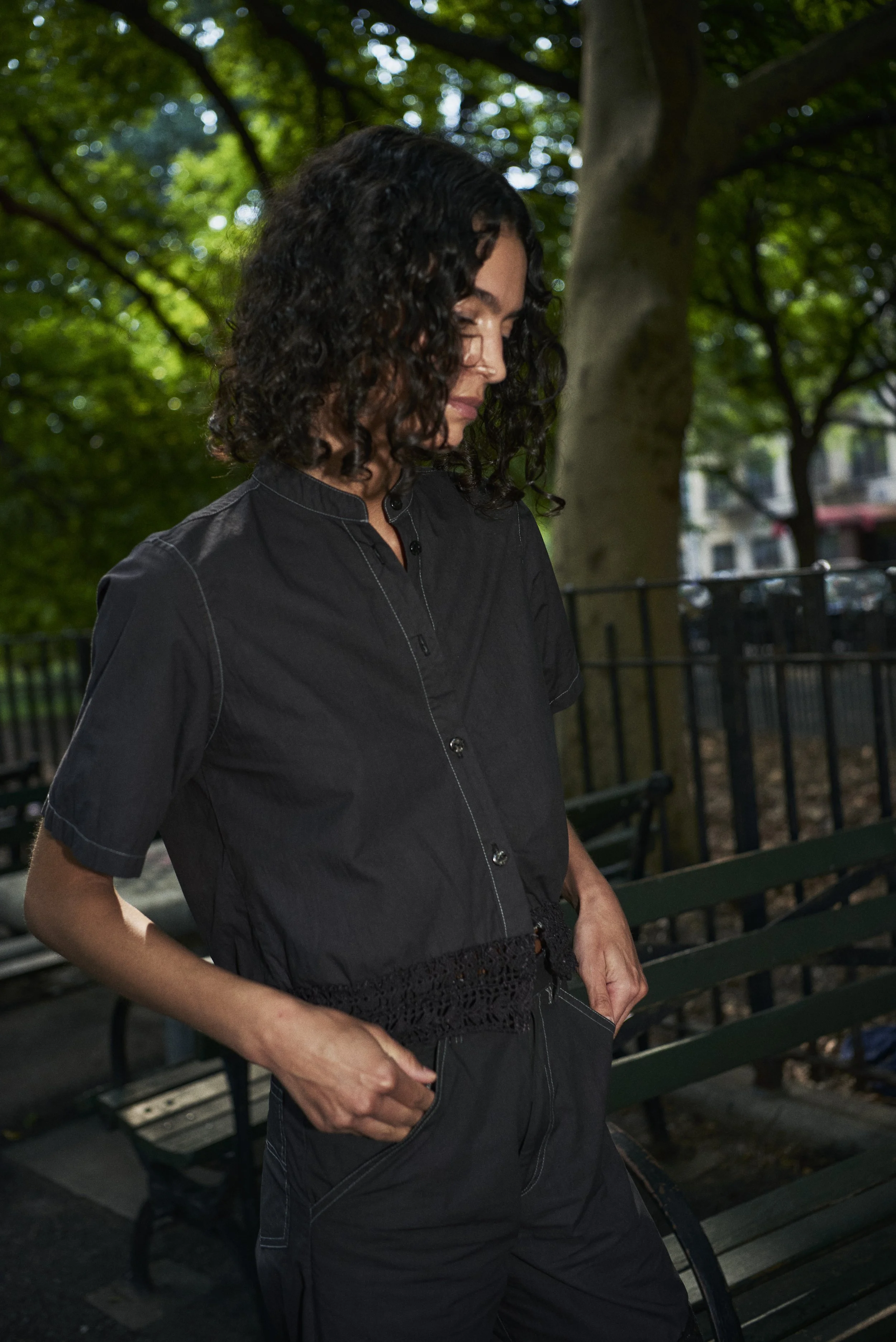 Black Cropped Crochet-Trim Button-Down