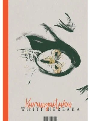 An illustration of a woman with long dark hair, resting her head on her hand, against a plain background. There is some handwritten text in a different language and a barcode at the bottom.