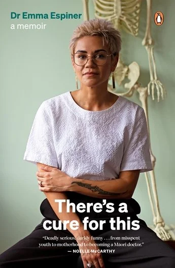 Book cover of 'There's a Cure for This' by Dr. Emma Espiner, featuring a woman with short, platinum blonde hair, glasses, and a white shirt, standing against a pastel green background with a decorative plant.
