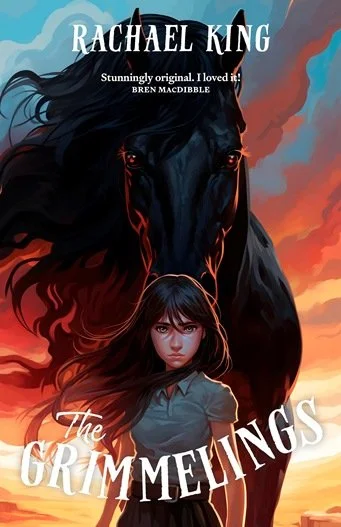 Book cover for 'The Grimmelings' by Rachael King, featuring a young girl with long dark hair in front of a large black horse, with a sunset sky in the background.
