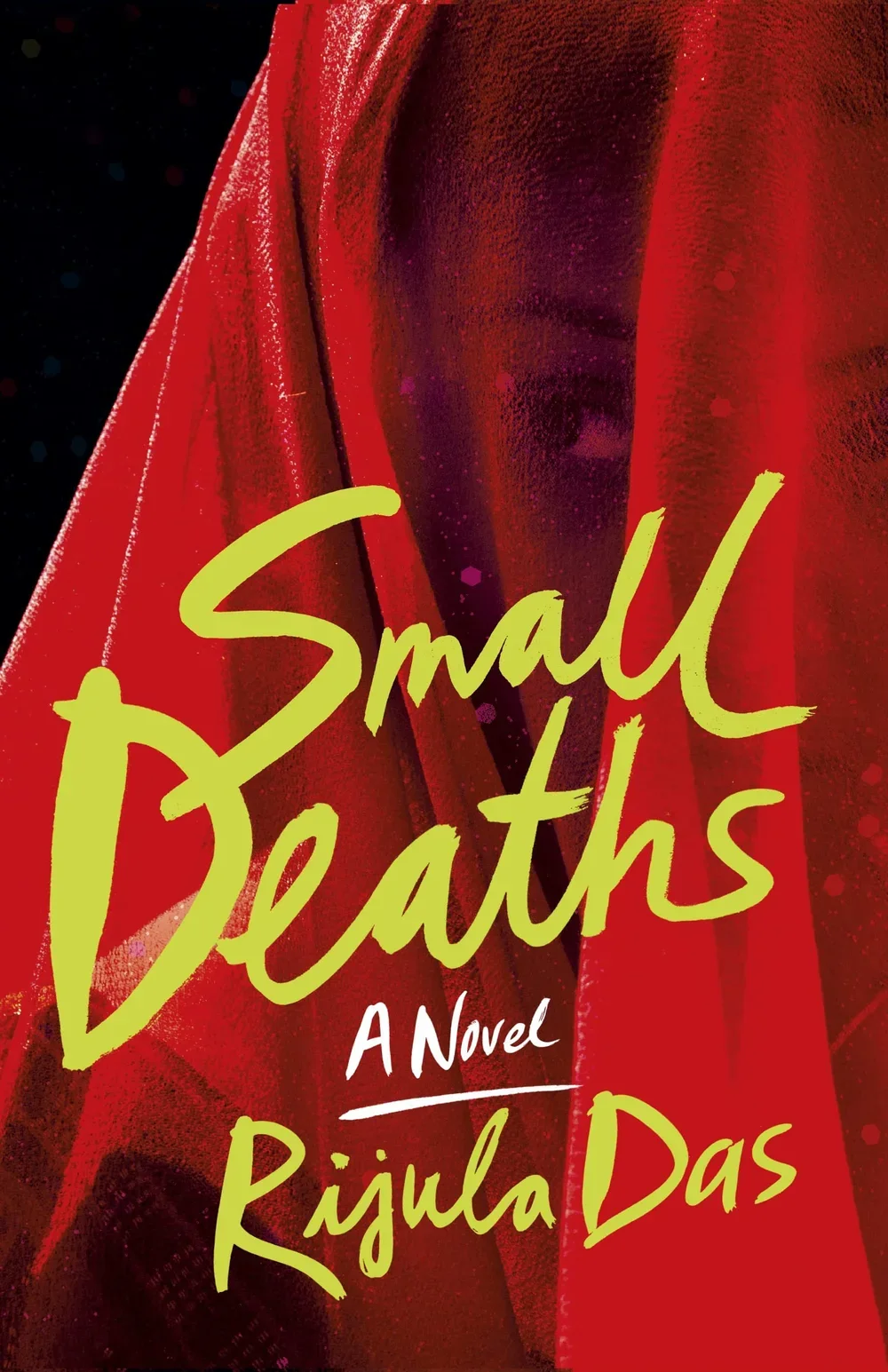 Book cover of 'Small Beauties' by Rijiha Das, featuring a person with draped red cloth over their head and shoulder, dark background with subtle colored dots.