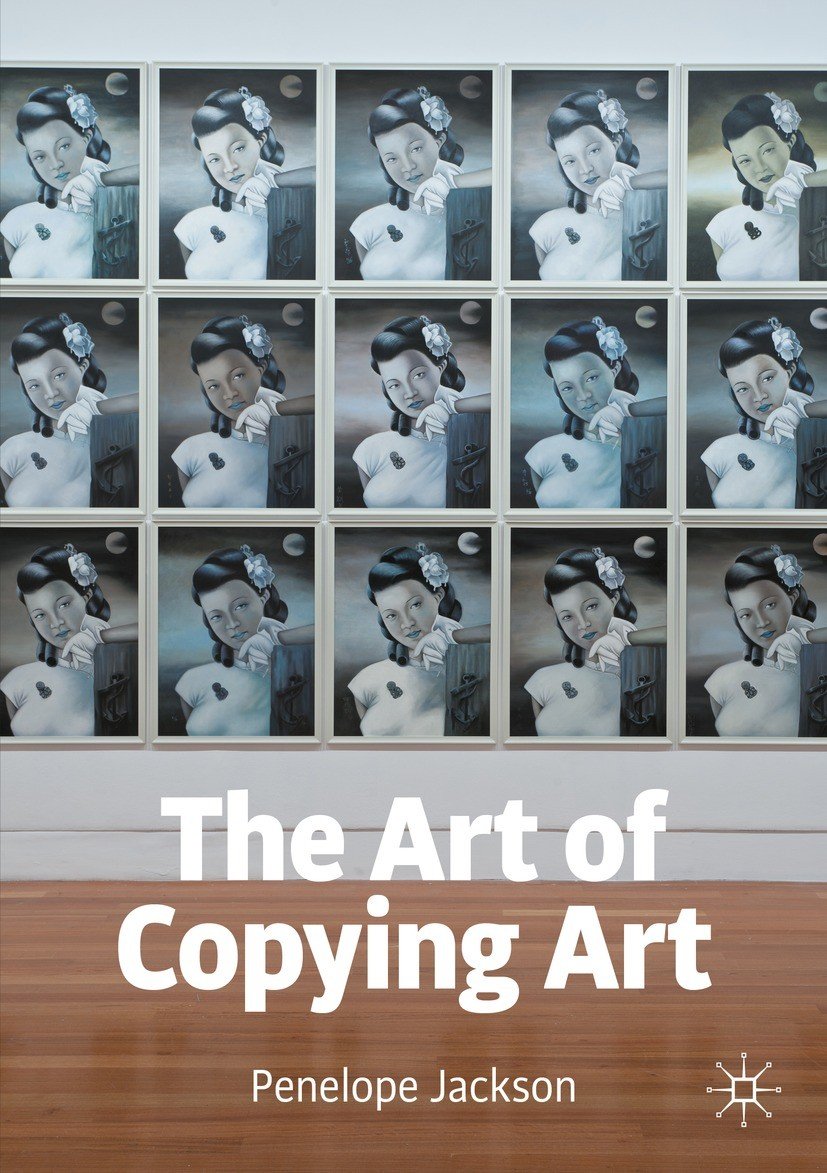 Book cover titled 'The Art of Copying Art' by Penelope Jackson, featuring a grid of images of a young girl with a white flower in her hair, in black-and-white with some color variations, and a background with moon and clouds.