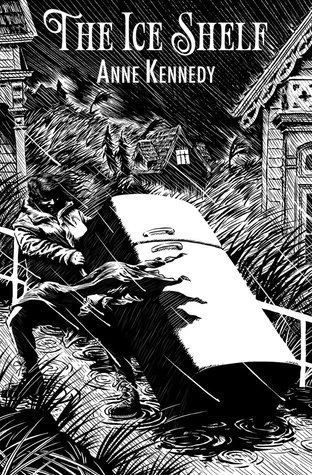 Black and white illustration of the cover of the book 'The Ice Shelf' by Anne Kennedy, depicting a person sitting on a bench or dock at a water's edge with small houses and mountains in the background.