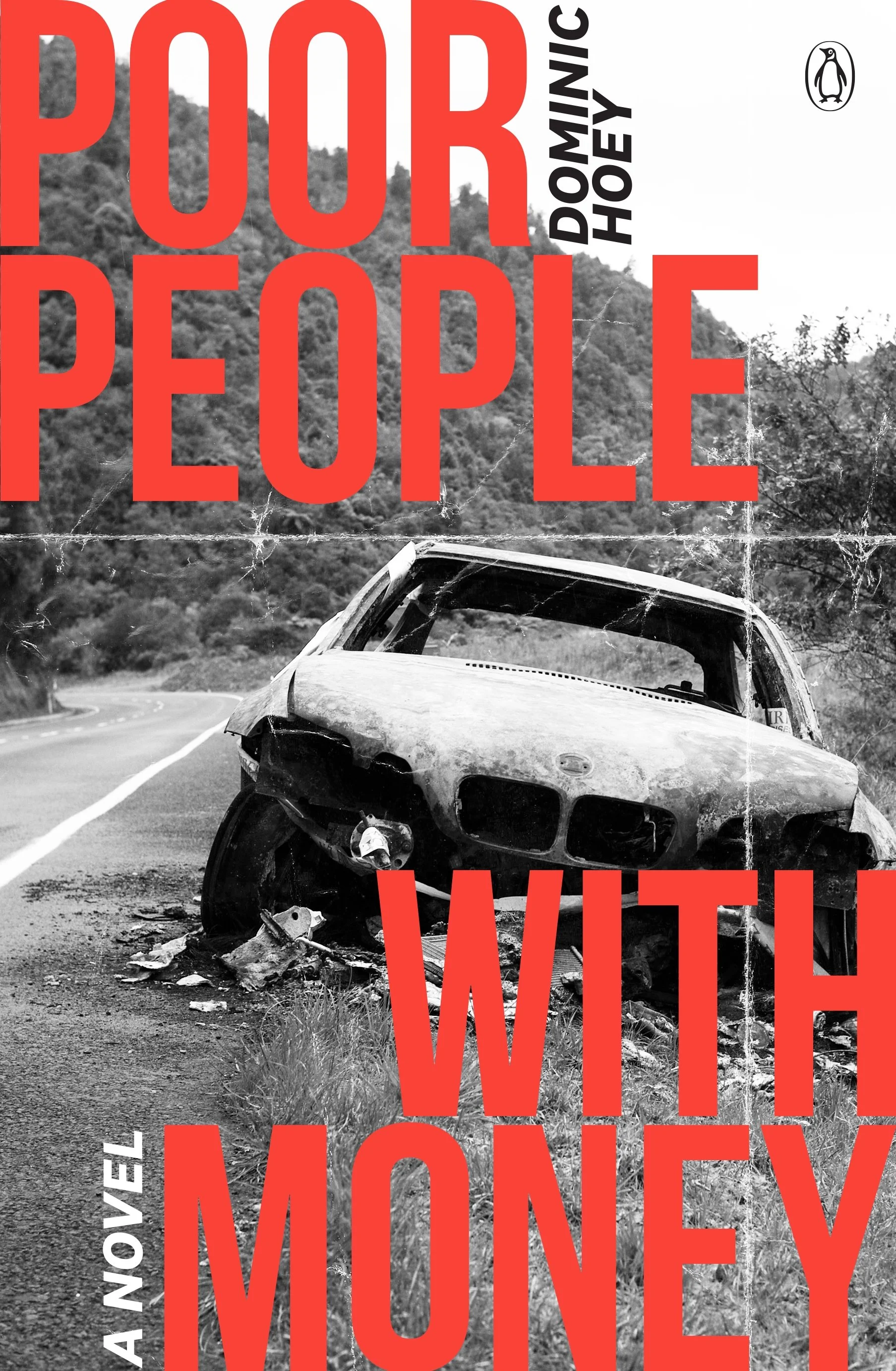 The cover of a book titled 'POOR DOING PEOPLE' by John W. Moffitt features a black-and-white photograph of a damaged car on a highway, with debris scattered around. Large red letters overlay the image with parts of the title and author visible.