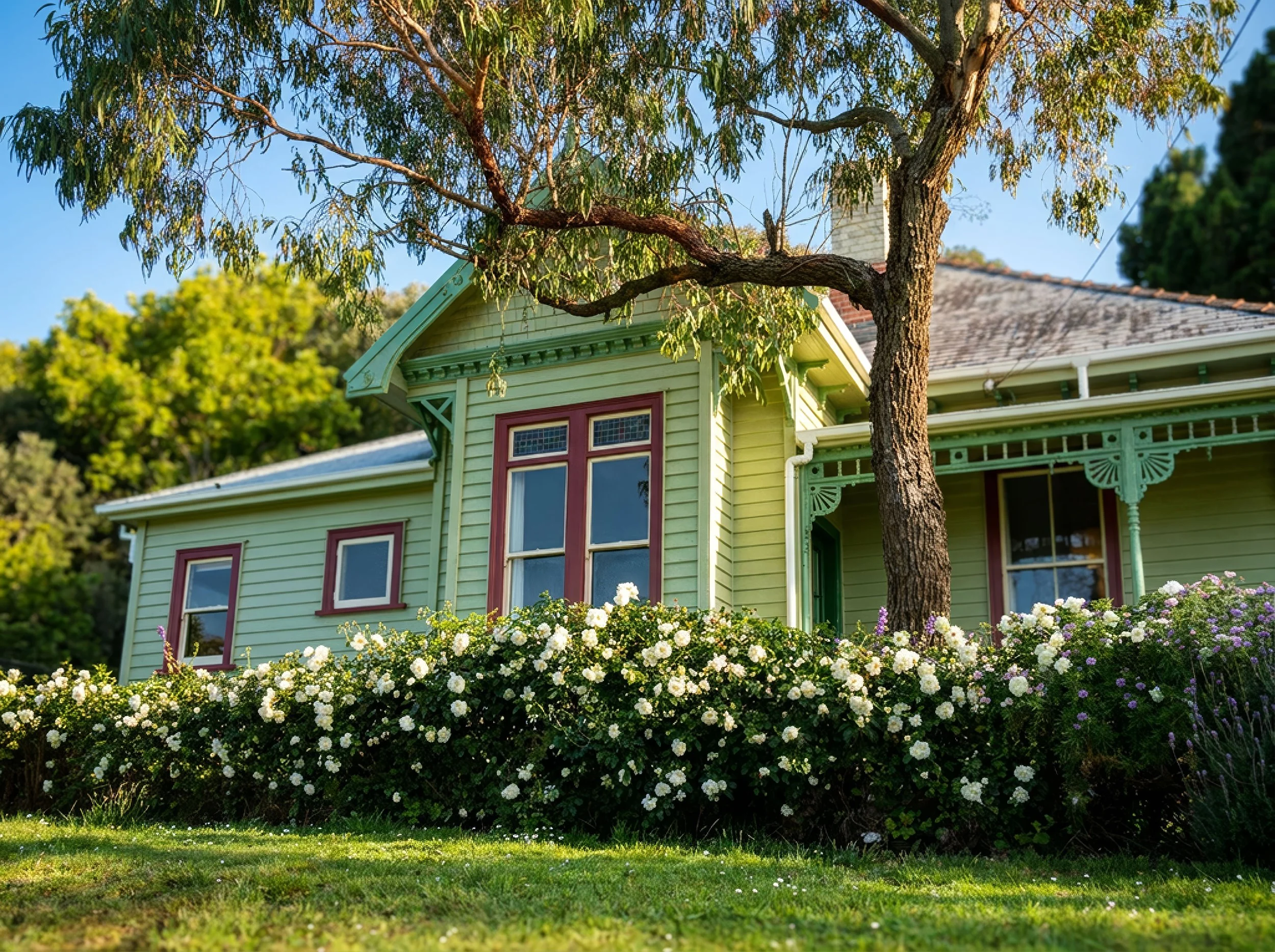A green Victorian-style house with decorative trim and a gabled roof, partially obscured by a large tree in the front yard, surrounded by white and purple flowers, under a clear blue sky.