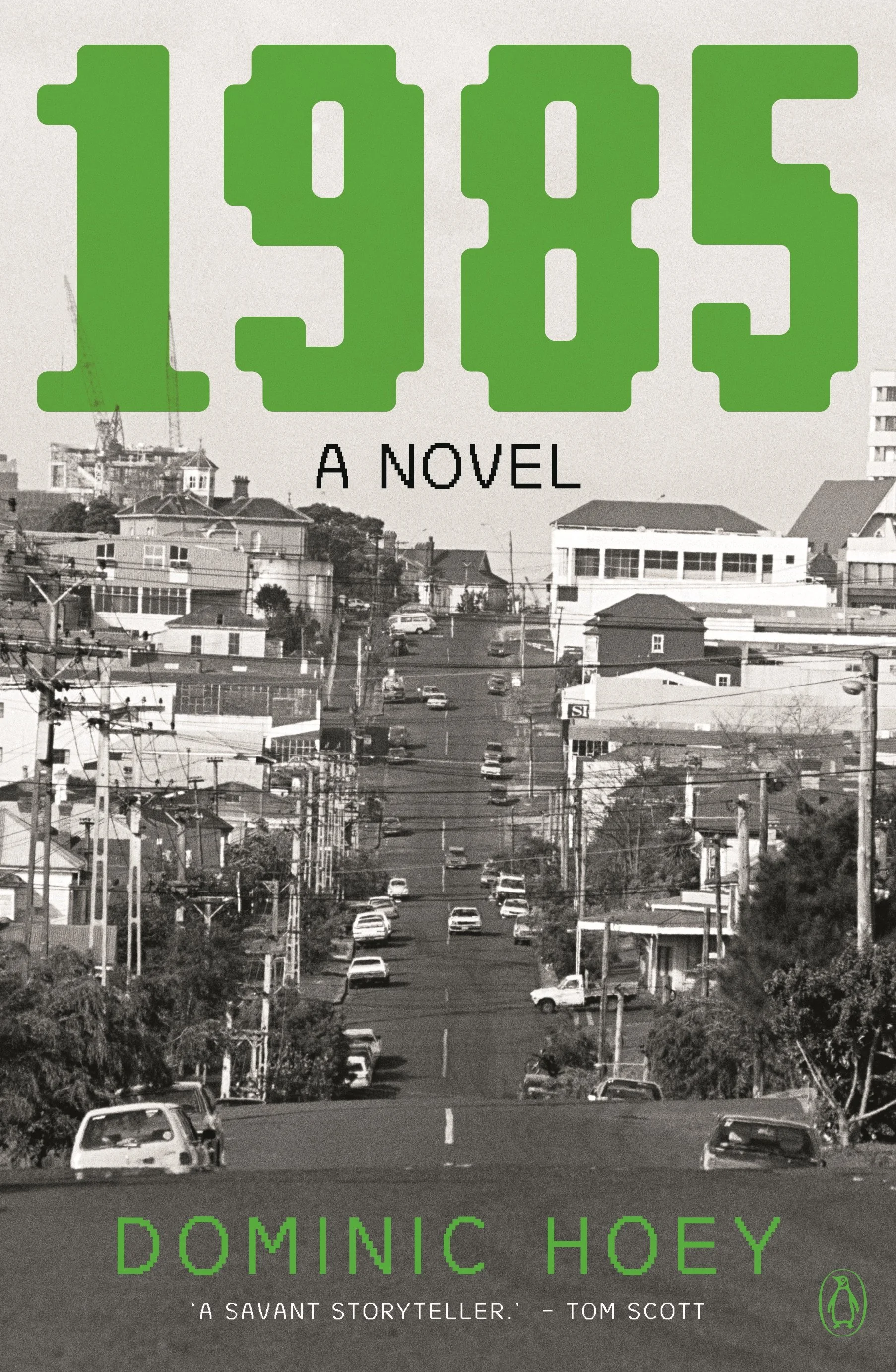 Cover of the book titled '1495' by Dominic Hoey, with the subtitle 'A Count of Tyne' and a quote from Tom Scott, featuring an urban street scene in black and white with cars, buildings, and power lines.