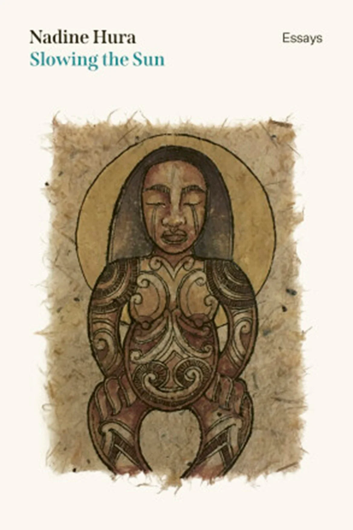 A tattoo of a woman with tears on her face, featuring traditional Polynesian-style patterns and black ink, with a circular halo behind her head.