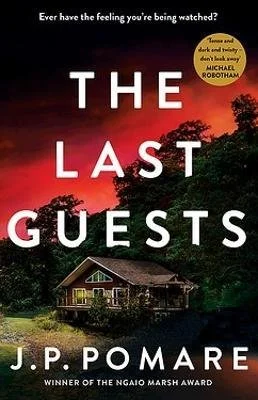 Book cover for 'The Last Guests' by J.P. More, featuring a dark house near trees against a sunset or dusk sky.