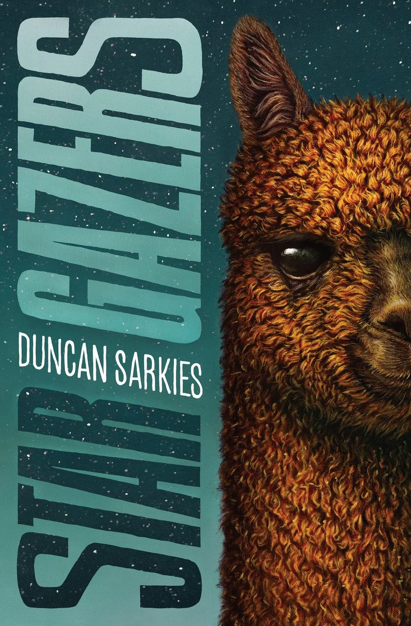 Close-up of a book cover titled "SQUADRON 42" by Duncan Sarkies, featuring a detailed illustration of an alpaca's face with brown and black fur, and a dark background with white speckles.