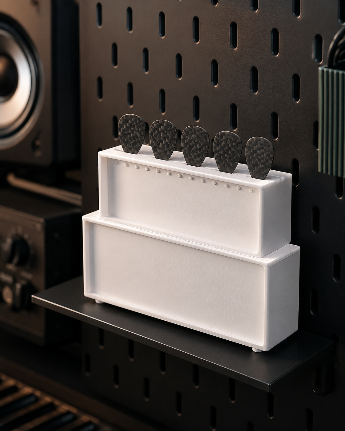 A device with five black carbon fiber guitar picks attached to a holder, mounted on a black pegboard with other electronic equipment nearby.