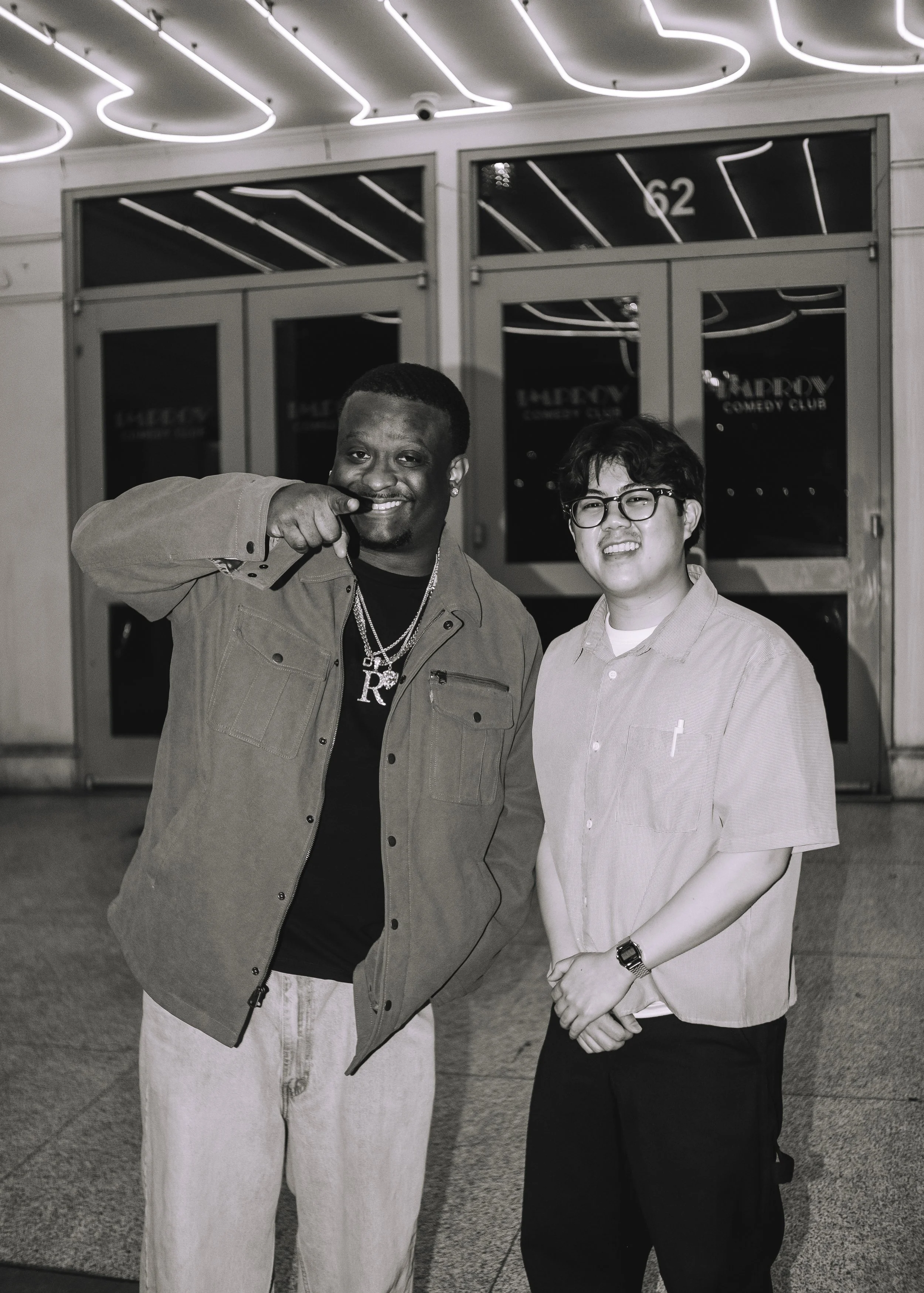 Comedian Peter Bui standing outside with comedian Matt Richards after hosting and opening the show at the San Jose Improv.