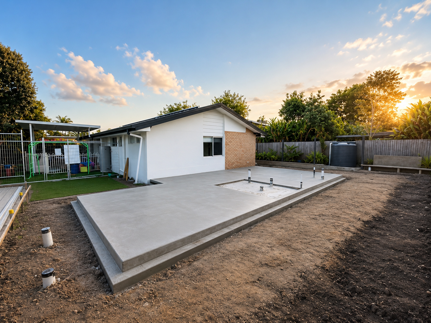 Backyard of a house under construction with a concrete slab foundation, a fenced area for a playground, and a garden with trees and shrubs, during sunset.