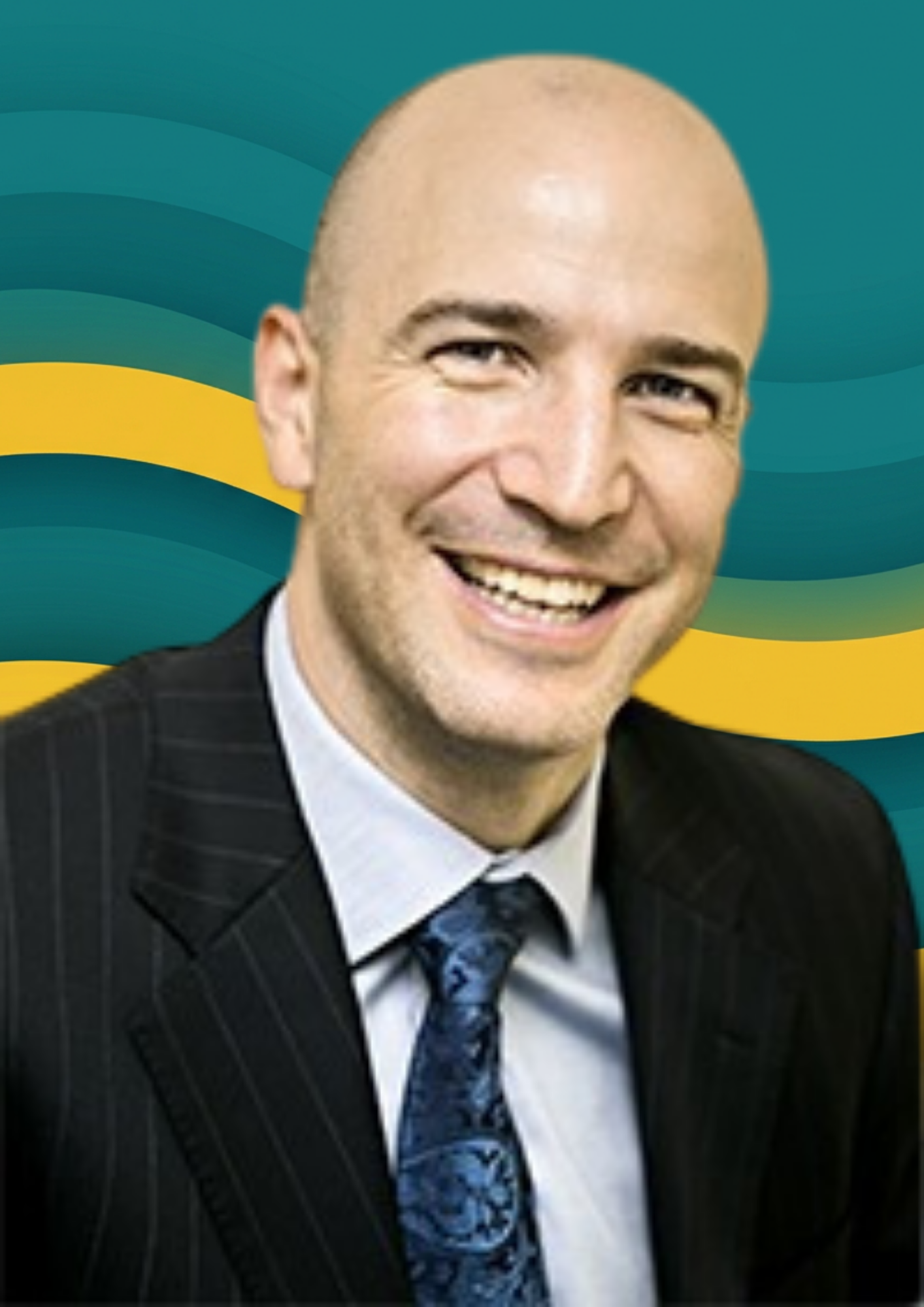 A man in a pinstripe suit smiling, wearing a white shirt and a patterned tie, with a background of teal and yellow waves.