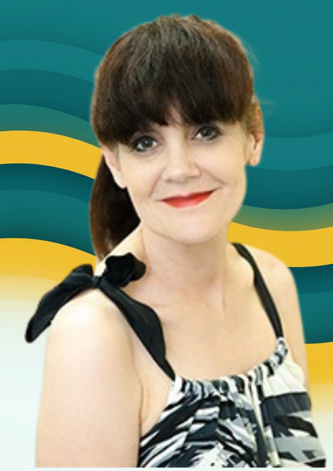 A woman with short brown hair and makeup, wearing a striped black and white dress with black bow details on the shoulder straps, smiling with red lipstick, against a background with blue and yellow wavy patterns.