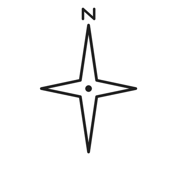 A black and white compass rose with north labeled at the top.