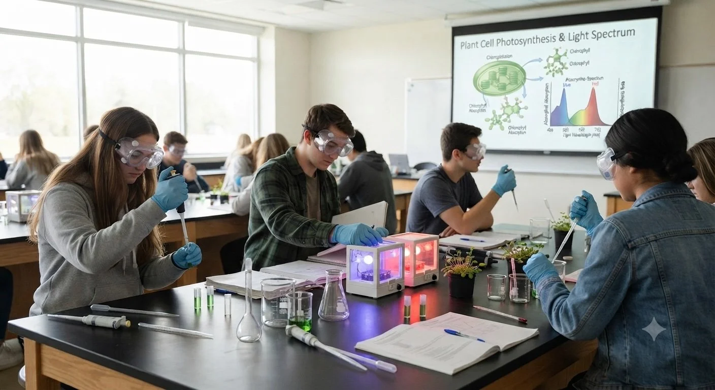 Students working in a science laboratory, conducting experiments with glassware and technology. A presentation slide about plant cell photosynthesis is displayed on a whiteboard.