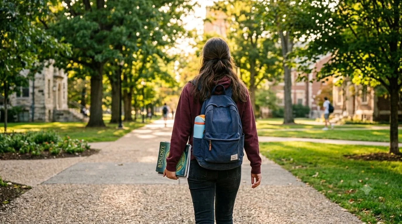 A person with long hair, wearing a purple hoodie and black pants, walking on a campus sidewalk with a blue backpack, holding a biology textbook and a water bottle under arm, in a tree-lined area during late afternoon or early evening.