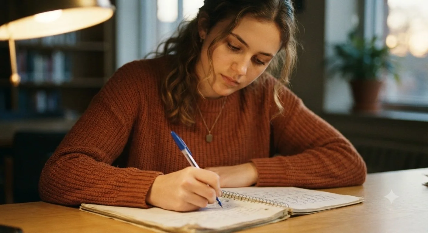 A young woman with curly brown hair sits at a wooden table, writing in a notebook with a blue pen. She is wearing a rust-colored sweater and a pendant necklace. The background includes a modern lamp, bookshelves, a window with sunlight, and a potted plant.