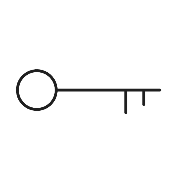 Simple illustration of a key with a round head and a long shaft with two teeth.