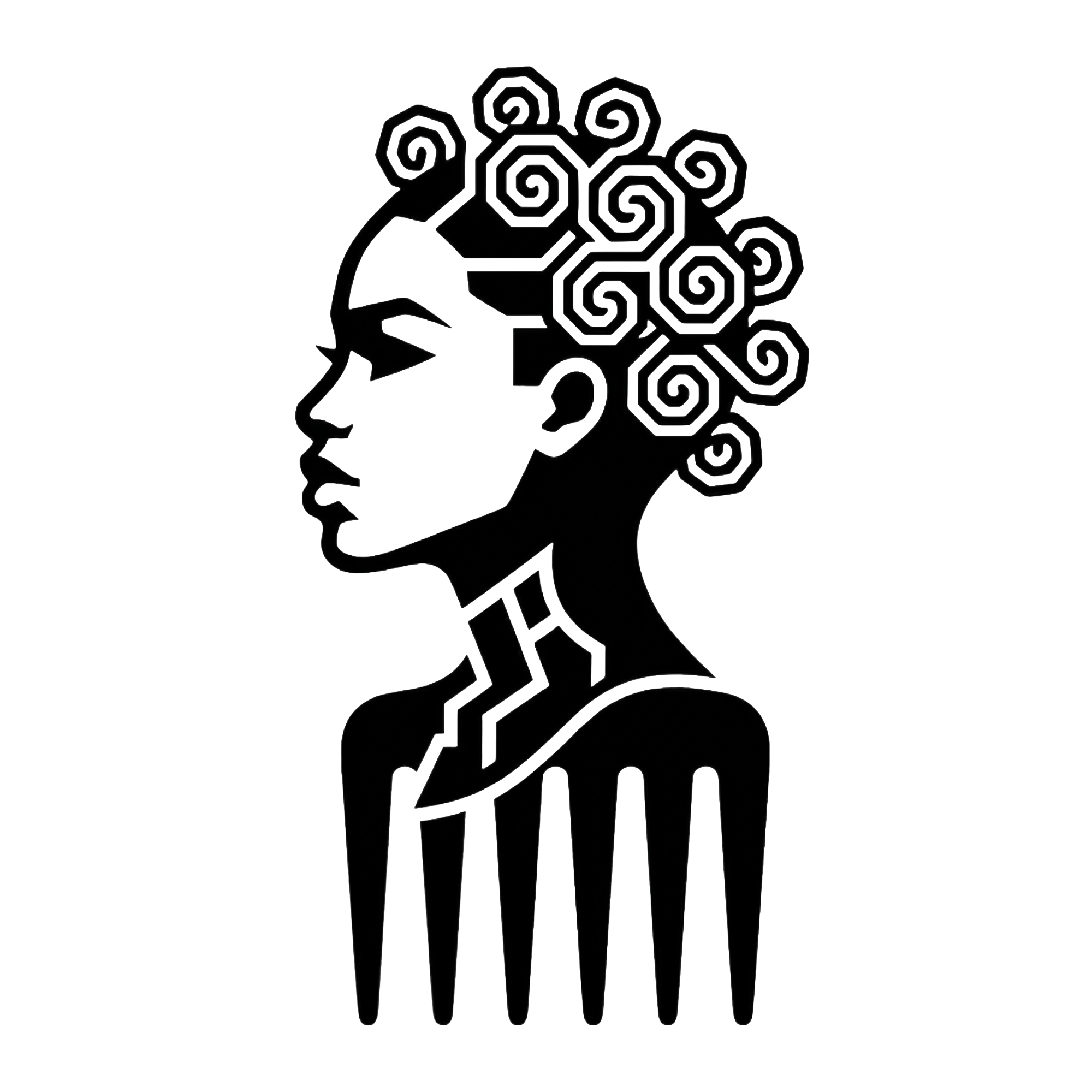 Outline drawing of a woman's profile with spiraled hair and a stylized tree growing from her head.