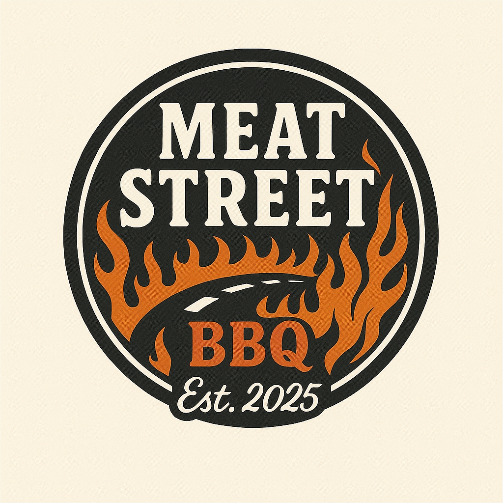 Logo for Meat Street BBQ with flames and a road, established in 2025.