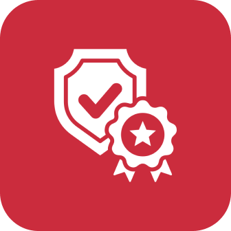 Shield with a checkmark and a badge with a star on a red background.