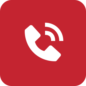 Red background with a white telephone receiver and signal waves icon.