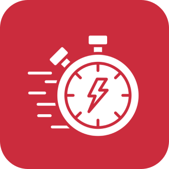 Icon of a stopwatch with a lightning bolt inside, indicating speed or urgency, on a red background.